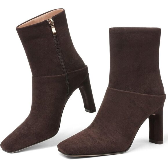 Shoes - Women's Brown suede Square Toe Ankle Boots Low Heel Side Zipper Comfort Dressy
